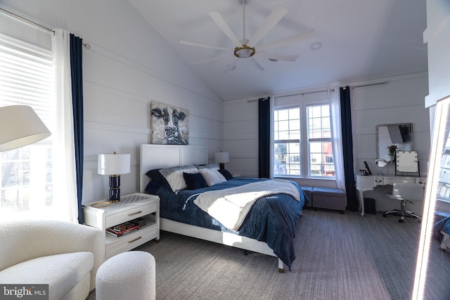 bedroom with ceiling fan and lofted ceiling