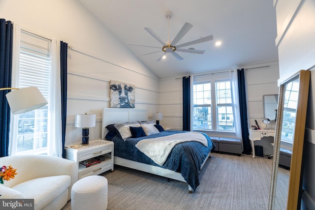 bedroom featuring ceiling fan and vaulted ceiling