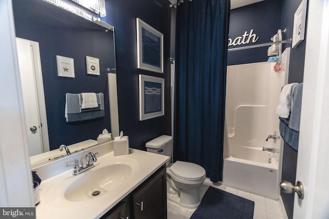 full bathroom featuring toilet, vanity, tile patterned floors, and shower / bathtub combination with curtain