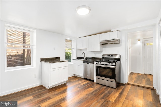 kitchen featuring white cabinetry, sink, dark wood-type flooring, and appliances with stainless steel finishes