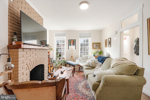 living room featuring wood-type flooring and a fireplace