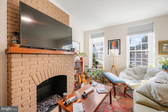 living room featuring a fireplace