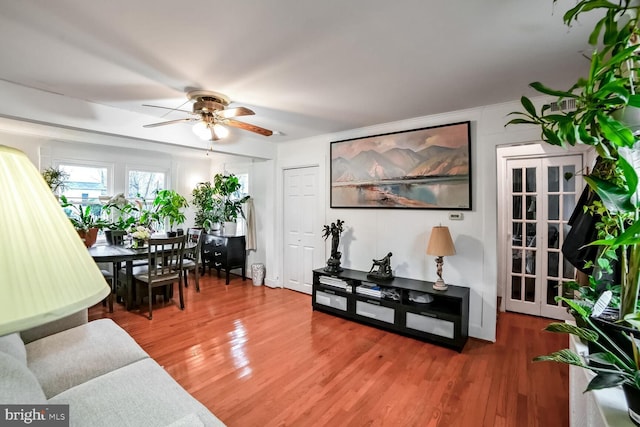 living room featuring hardwood / wood-style floors and ceiling fan