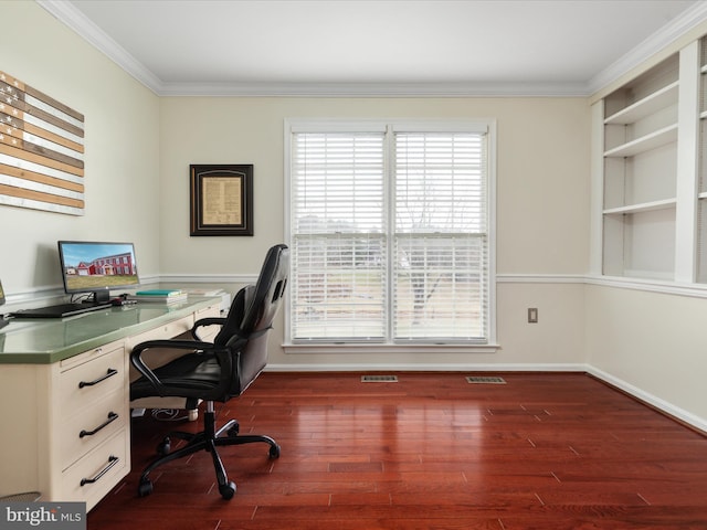 office with crown molding and dark wood-type flooring