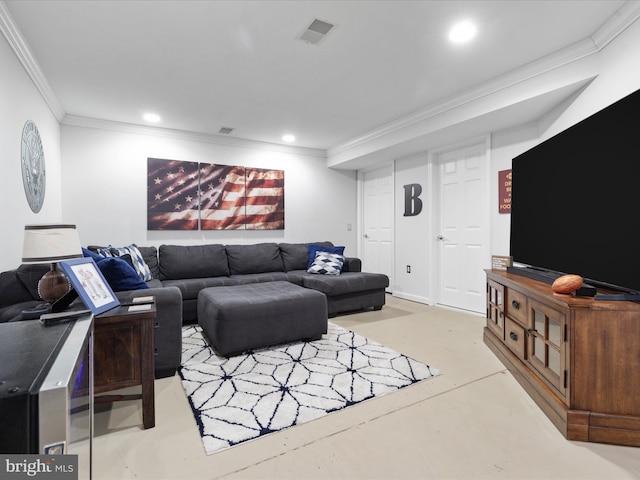 living room with crown molding