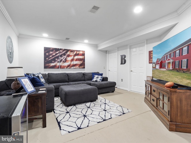 living room featuring concrete flooring and ornamental molding