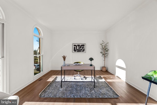 office with crown molding and dark hardwood / wood-style flooring