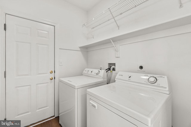 laundry room with independent washer and dryer and dark hardwood / wood-style flooring