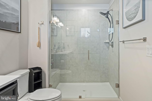 bathroom featuring vanity, toilet, and a shower with shower door