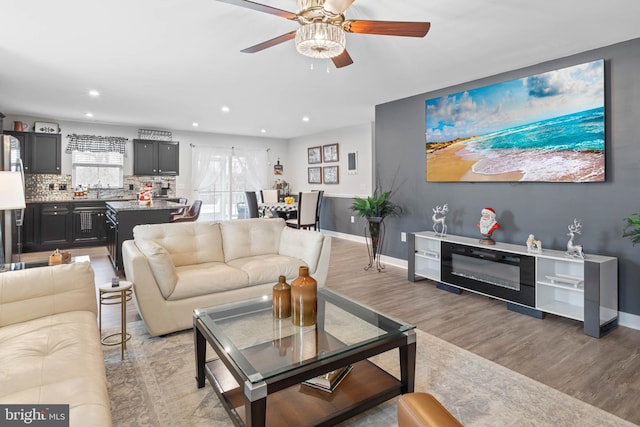 living room with ceiling fan and wood-type flooring