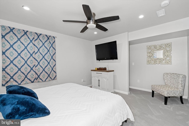 carpeted bedroom with ceiling fan