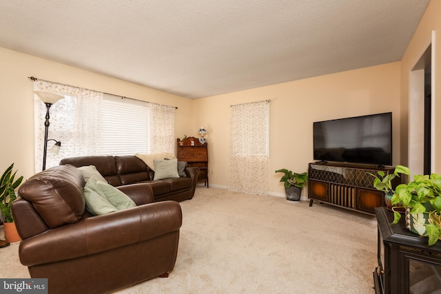 living room featuring a textured ceiling and light colored carpet