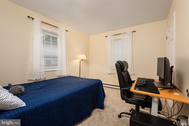 carpeted bedroom with baseboard heating