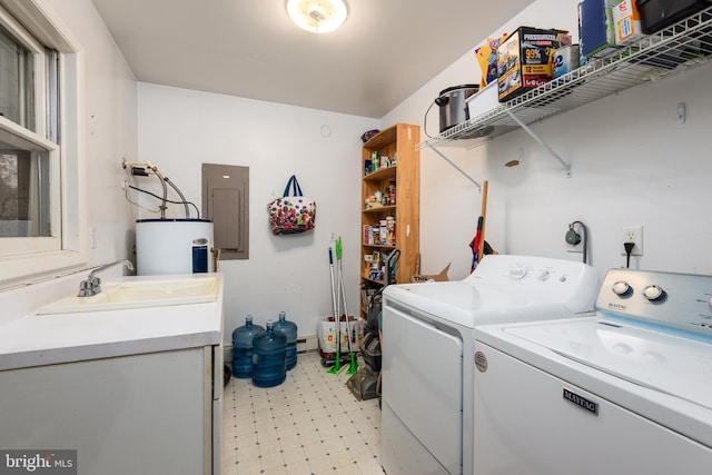 washroom featuring washer and dryer, electric water heater, electric panel, and sink