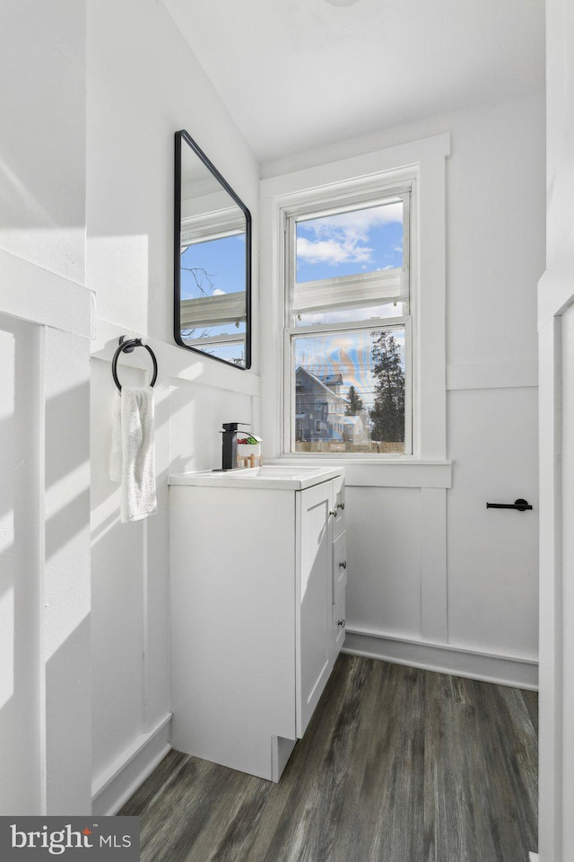 bathroom with wood-type flooring and vanity