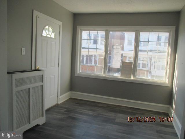 interior space with dark wood-type flooring