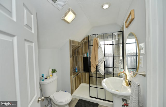 bathroom featuring walk in shower, sink, vaulted ceiling, and toilet