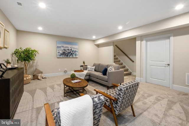 living room featuring light colored carpet