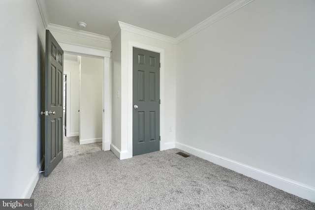 unfurnished bedroom with light carpet and ornamental molding