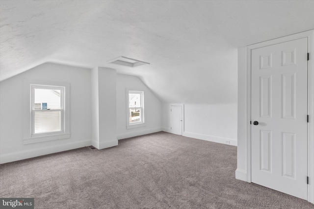 additional living space featuring carpet flooring and vaulted ceiling