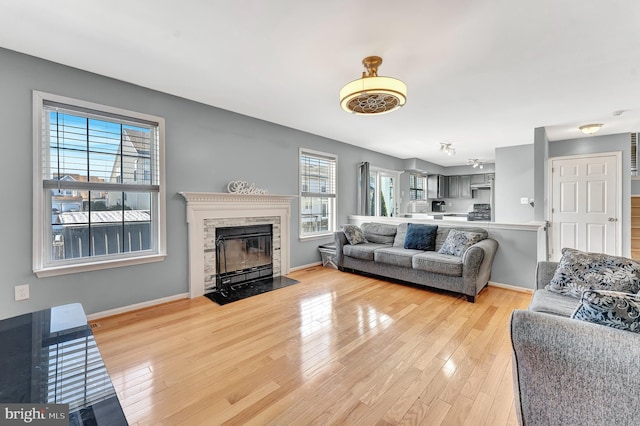 living room with a wealth of natural light and light hardwood / wood-style flooring