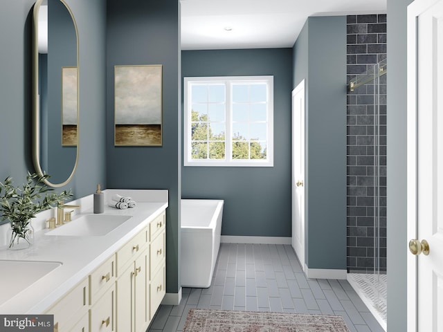 bathroom featuring vanity, tile patterned floors, and separate shower and tub