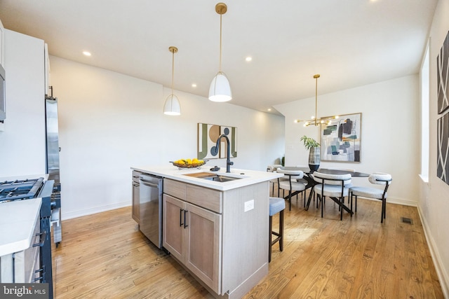 kitchen featuring a center island with sink, pendant lighting, sink, and stainless steel appliances