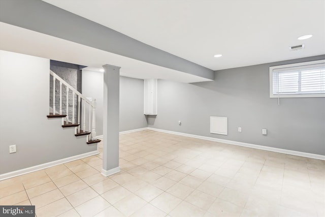 931 Farragut St NW, Washington, DC 20011 - basement featuring visible vents, stairs, light tile patterned flooring, baseboards, and recessed lighting