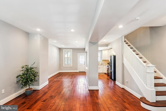 931 Farragut St NW, Washington, DC 20011 - interior space with freestanding refrigerator, baseboards, stairway, recessed lighting, and dark wood finished floors