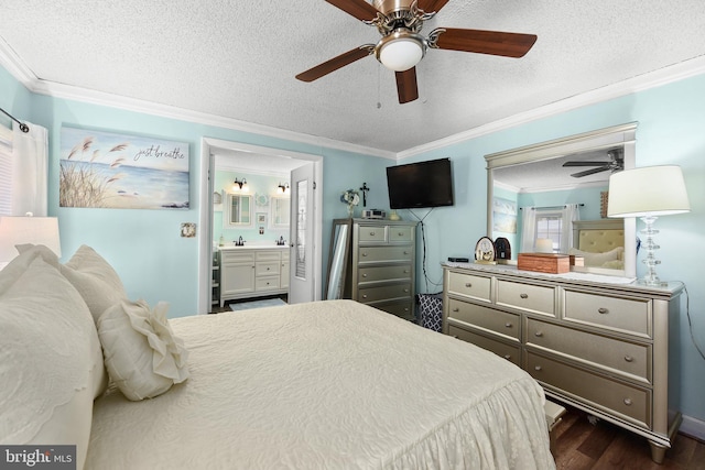 bedroom with dark hardwood / wood-style flooring, connected bathroom, ceiling fan, and ornamental molding