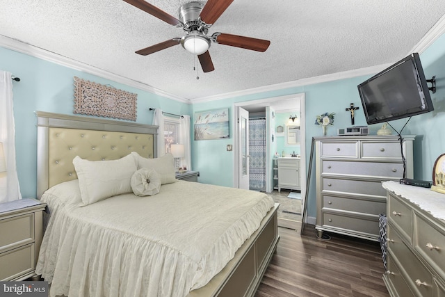 bedroom with ensuite bath, ornamental molding, a textured ceiling, ceiling fan, and dark hardwood / wood-style floors