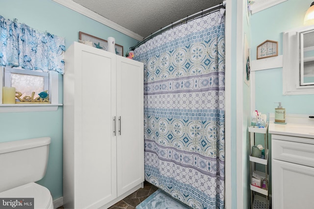 bathroom with a shower with shower curtain, ornamental molding, vanity, a textured ceiling, and toilet