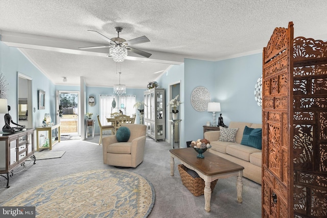 living room with carpet flooring, a textured ceiling, vaulted ceiling with beams, and ceiling fan with notable chandelier