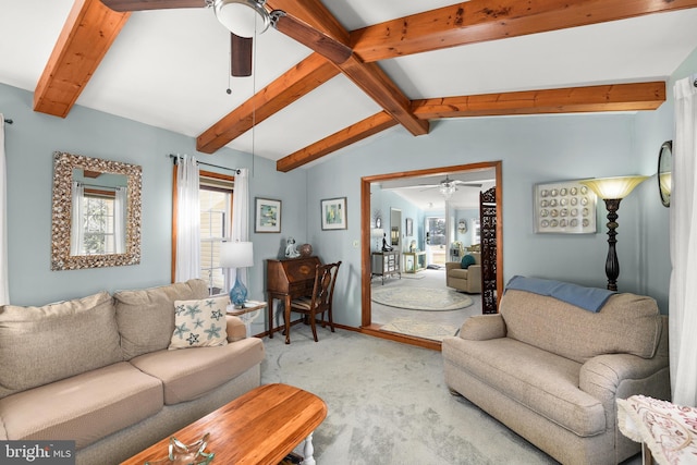 living room featuring carpet and lofted ceiling with beams