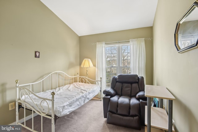 carpeted bedroom with vaulted ceiling