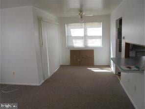 interior space with ceiling fan and dark carpet