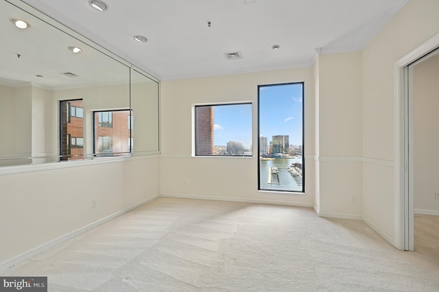 carpeted spare room featuring ornamental molding