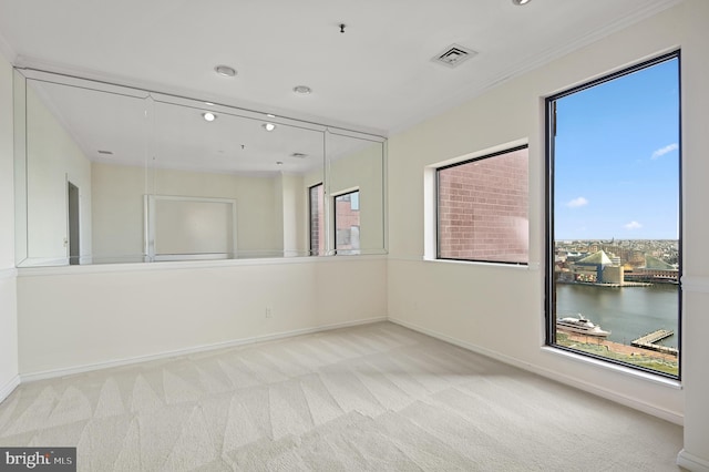 carpeted empty room with plenty of natural light, a water view, and ornamental molding