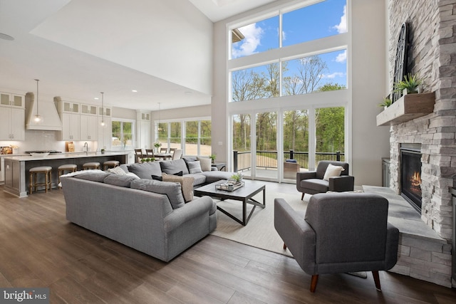 living room featuring a high ceiling, sink, dark hardwood / wood-style floors, and a stone fireplace