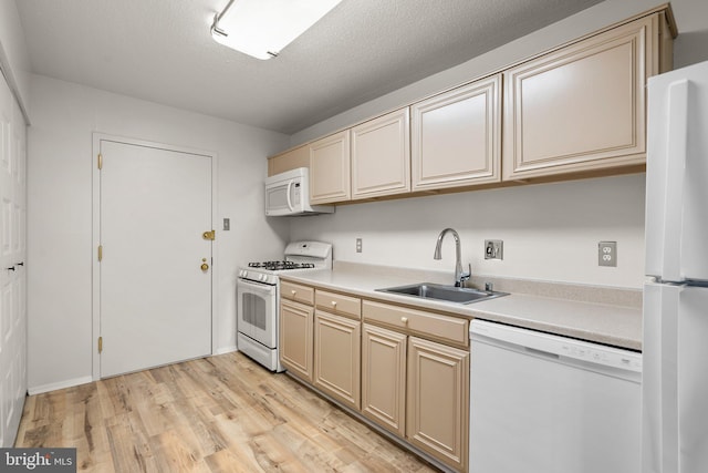 kitchen featuring a textured ceiling, light wood-type flooring, white appliances, and sink