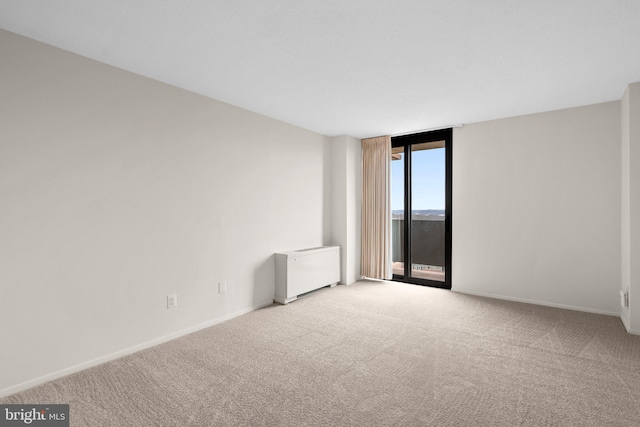 carpeted spare room with radiator and a wall of windows