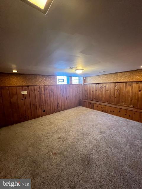 additional living space with wooden walls and carpet