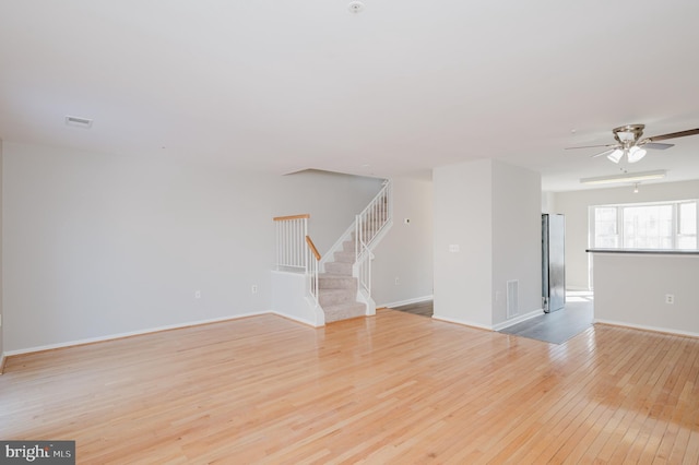 unfurnished living room with ceiling fan and light hardwood / wood-style floors