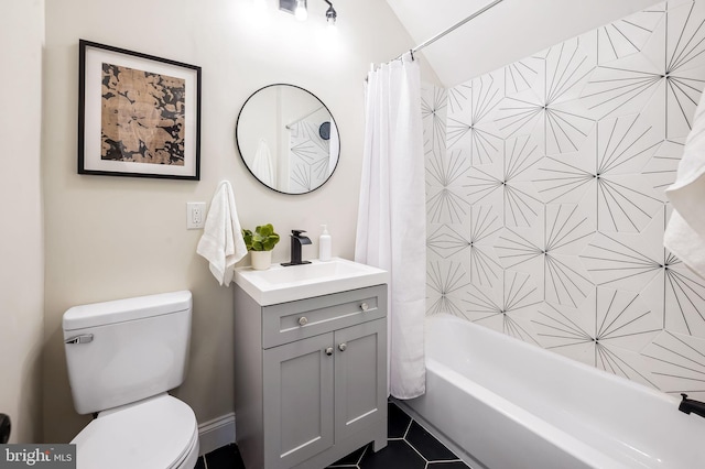 full bathroom with vanity, toilet, and shower / bathtub combination with curtain