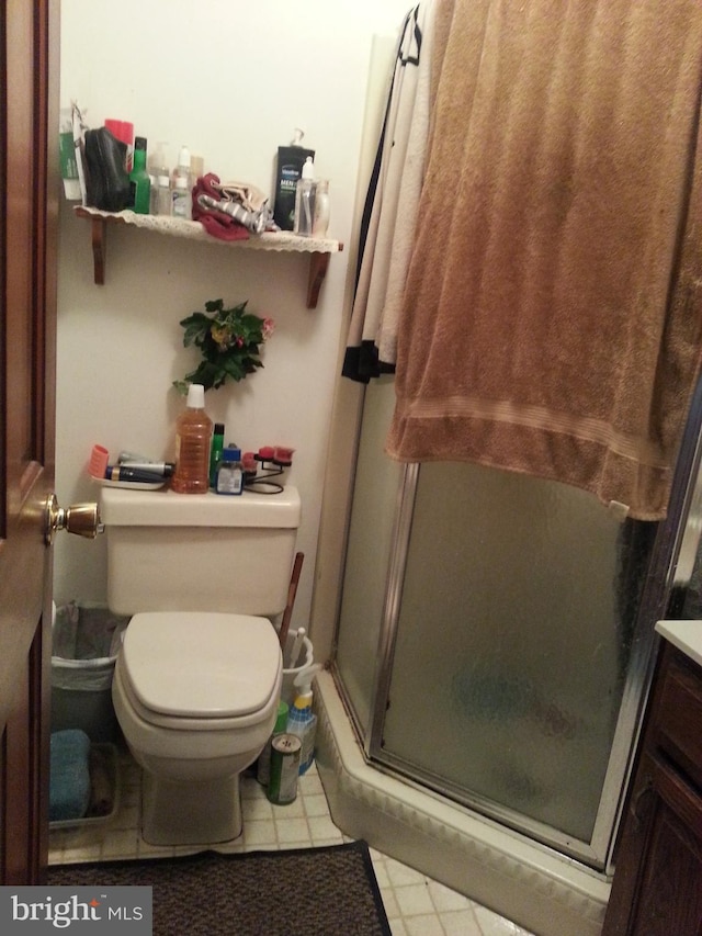 bathroom with vanity, toilet, and a shower with shower door