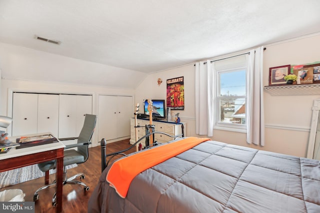 bedroom with wood-type flooring, lofted ceiling, and a closet