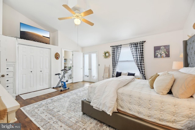 bedroom with ceiling fan, french doors, wood-type flooring, and vaulted ceiling