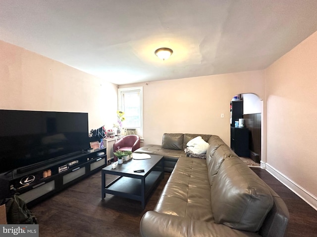 living room featuring dark wood-type flooring