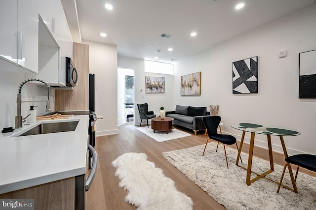 living room with light hardwood / wood-style floors and sink