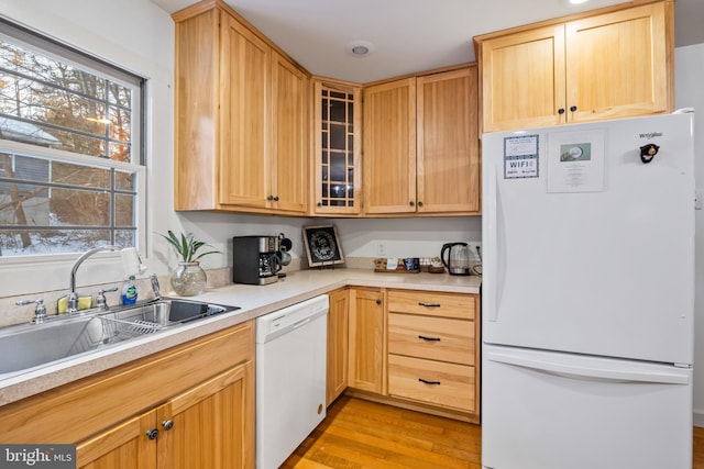 kitchen with sink, light hardwood / wood-style floors, light brown cabinets, and white appliances